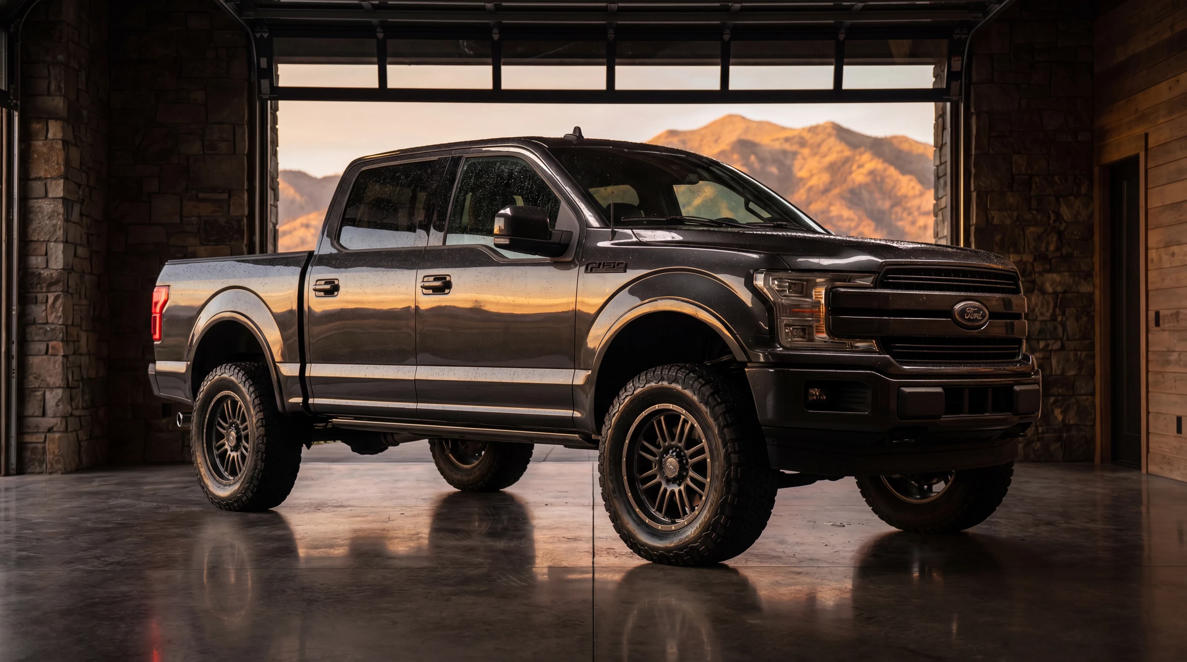A freshly detailed glossy pickup truck in a clean Montana garage